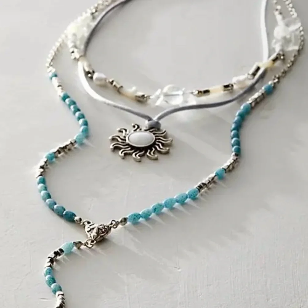 Free People One With The Sun Blue Layered Necklace Sunburst Pendant Beaded Chain - Picture 10 of 13